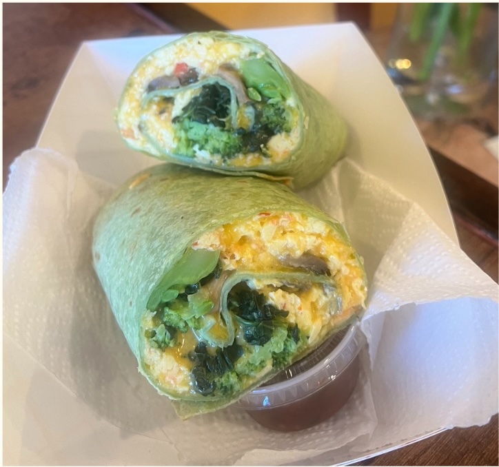 The Veggie Roll breakfast burrito, cut in half