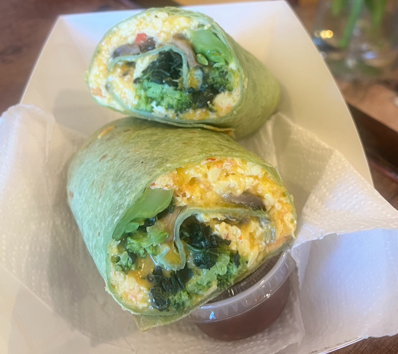 The breakfast burrito, cut in half