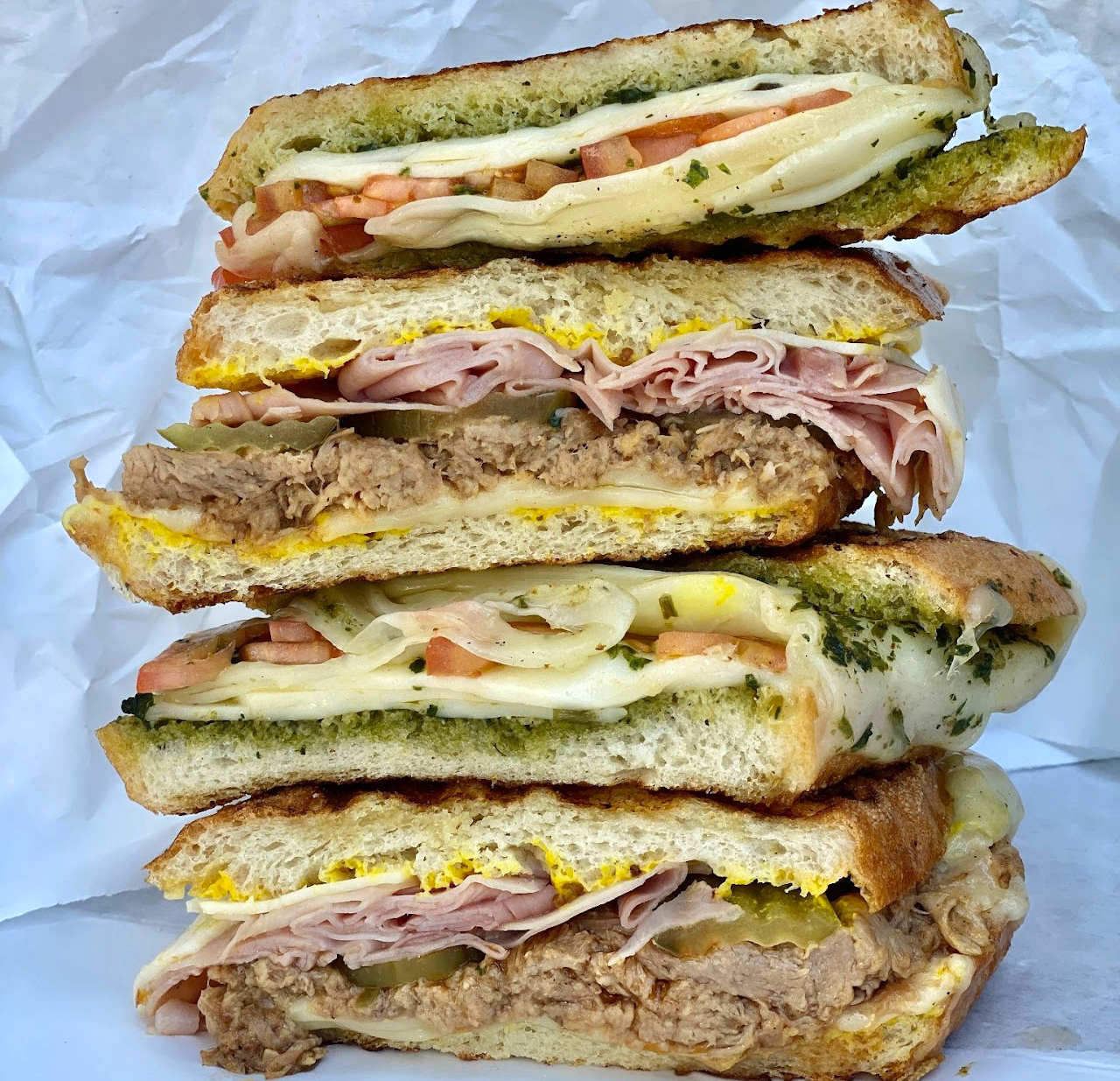 A freshly pressed panini, cut in half